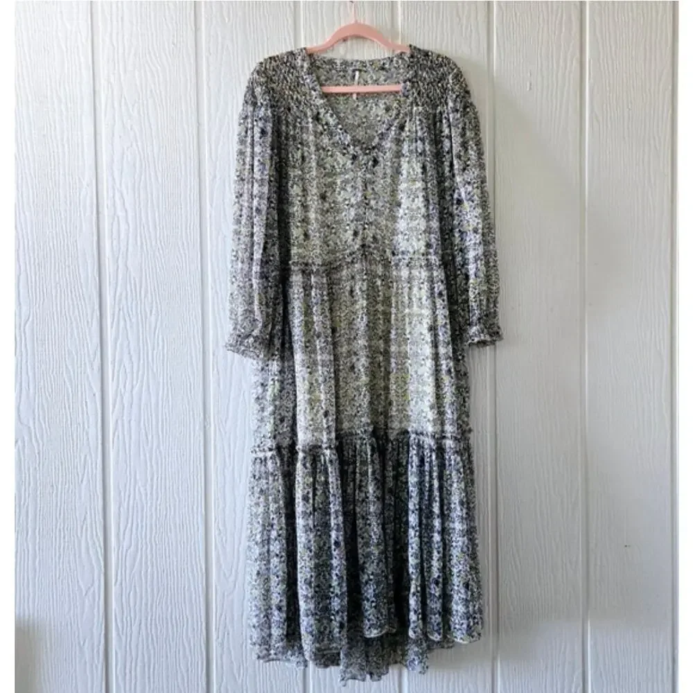 Free People Small Sheer Smocked Shoulder Midi Dress